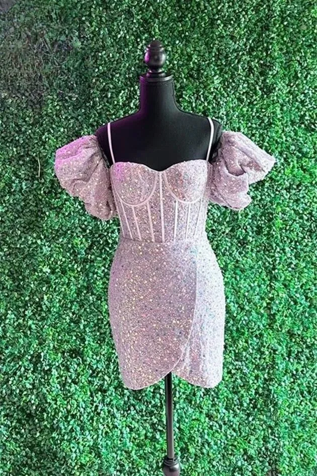 Light Pink Homecoming Dress Puff Sleeves Sequins Sheath Homecoming Dresses Cocktail