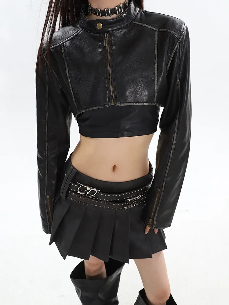 Mandy Solid Color Brown Long Sleeve Zip Up Cropped Jacket   High Waist Pleated Mini Skirt Matching Set