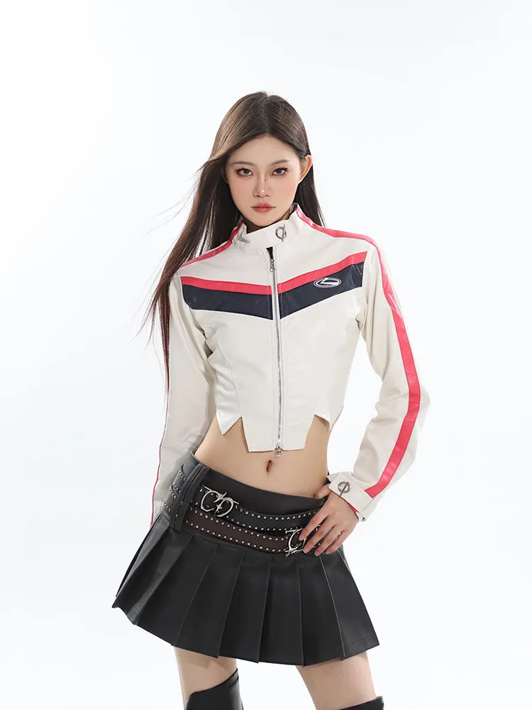 Mandy Solid Color Brown Long Sleeve Zip Up Cropped Jacket   High Waist Pleated Mini Skirt Matching Set