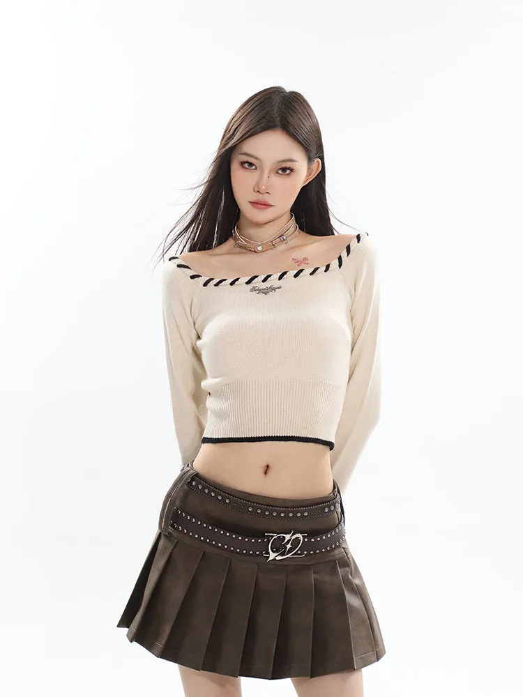 Mandy Solid Color Brown Long Sleeve Zip Up Cropped Jacket   High Waist Pleated Mini Skirt Matching Set