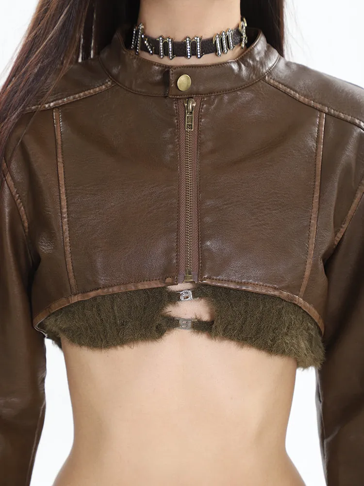 Mandy Solid Color Brown Long Sleeve Zip Up Cropped Jacket   High Waist Pleated Mini Skirt Matching Set
