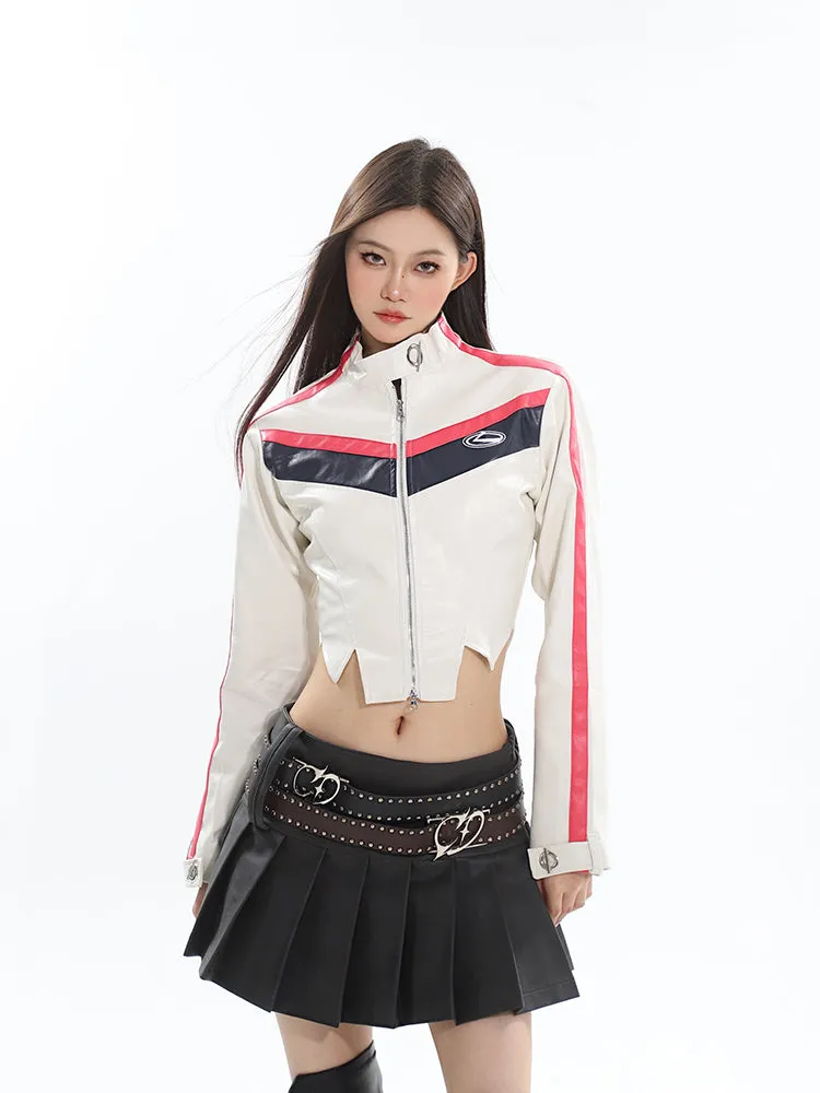 Mandy Solid Color Brown Long Sleeve Zip Up Cropped Jacket   High Waist Pleated Mini Skirt Matching Set