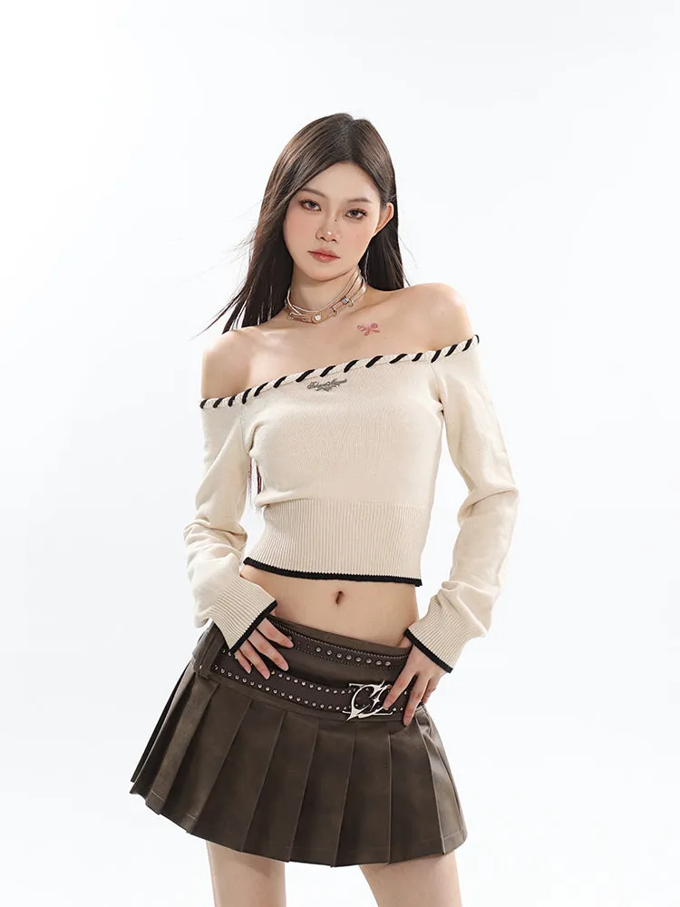 Mandy Solid Color Brown Long Sleeve Zip Up Cropped Jacket   High Waist Pleated Mini Skirt Matching Set