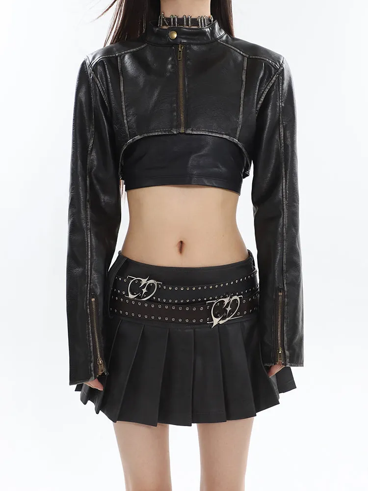 Mandy Solid Color Brown Long Sleeve Zip Up Cropped Jacket   High Waist Pleated Mini Skirt Matching Set