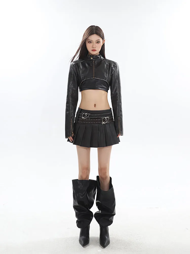 Mandy Solid Color Brown Long Sleeve Zip Up Cropped Jacket   High Waist Pleated Mini Skirt Matching Set