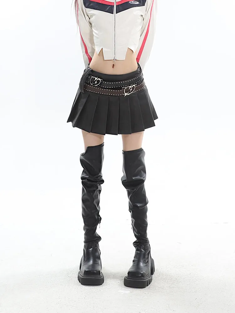 Mandy Solid Color Brown Long Sleeve Zip Up Cropped Jacket   High Waist Pleated Mini Skirt Matching Set