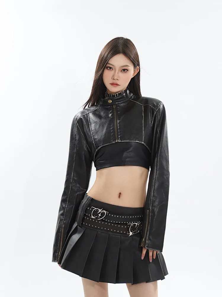 Mandy Solid Color Brown Long Sleeve Zip Up Cropped Jacket   High Waist Pleated Mini Skirt Matching Set