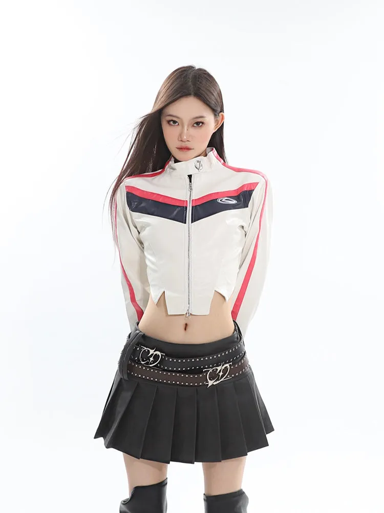 Mandy Solid Color Brown Long Sleeve Zip Up Cropped Jacket   High Waist Pleated Mini Skirt Matching Set