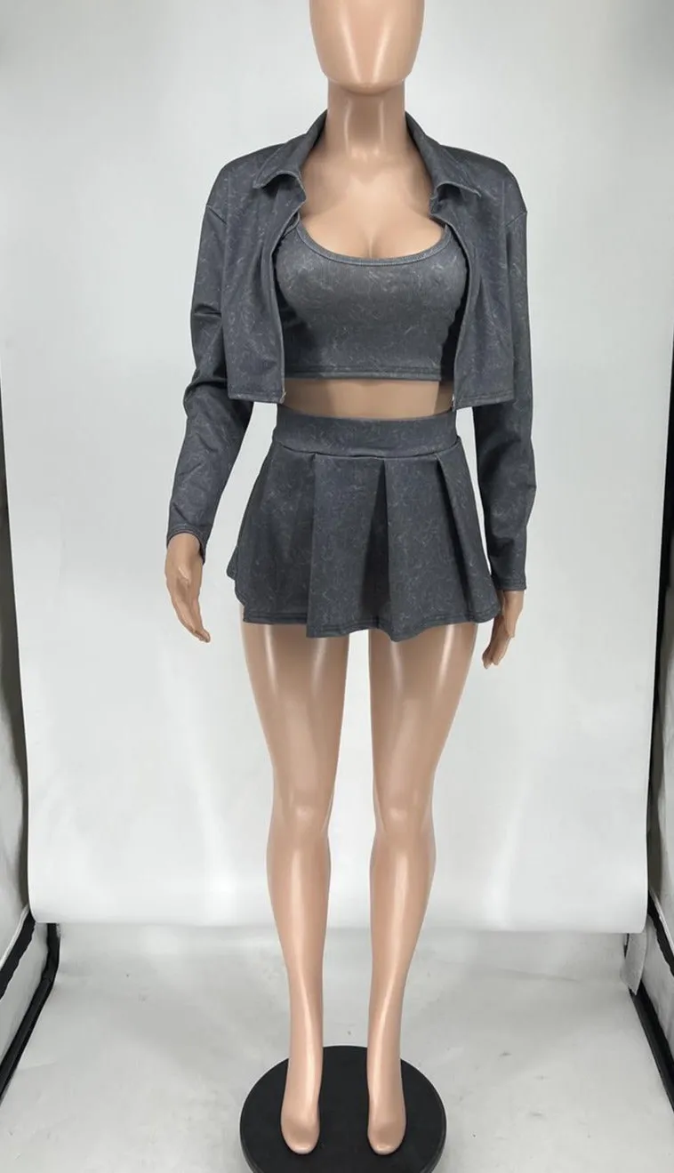 MB FASHION PRINTED Cropped Jacket Bra Mini Skirt Set 1076LY