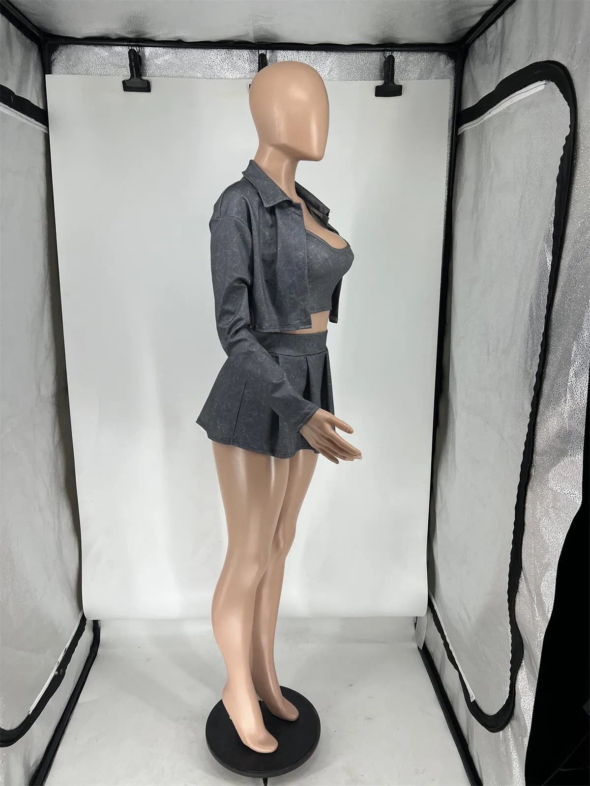 MB FASHION PRINTED Cropped Jacket Bra Mini Skirt Set 1076LY