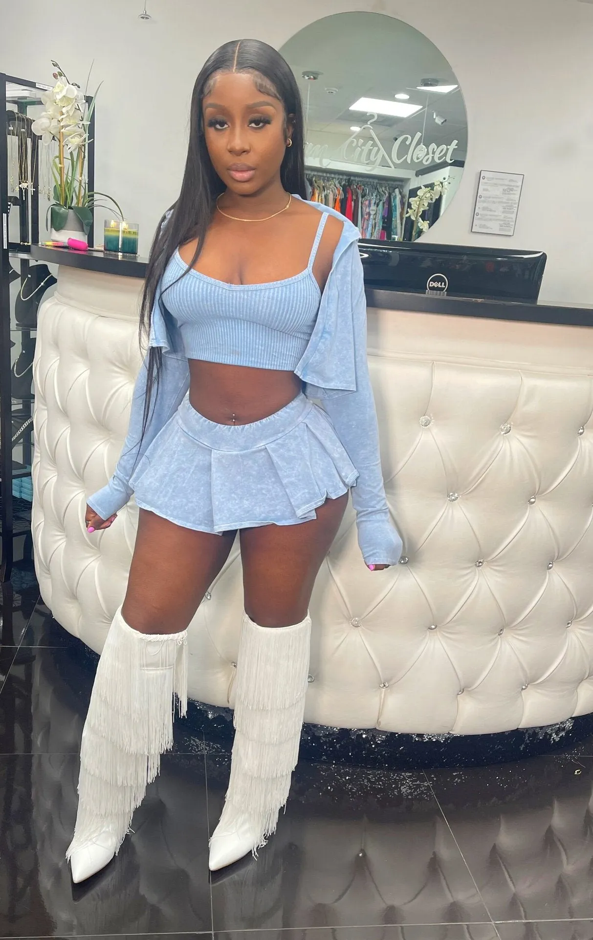 MB FASHION PRINTED Cropped Jacket Bra Mini Skirt Set 1076LY