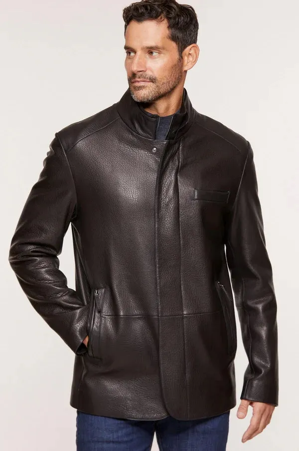 Men’s Leather Jacket with Zipper and Snap Button Closure MJ054