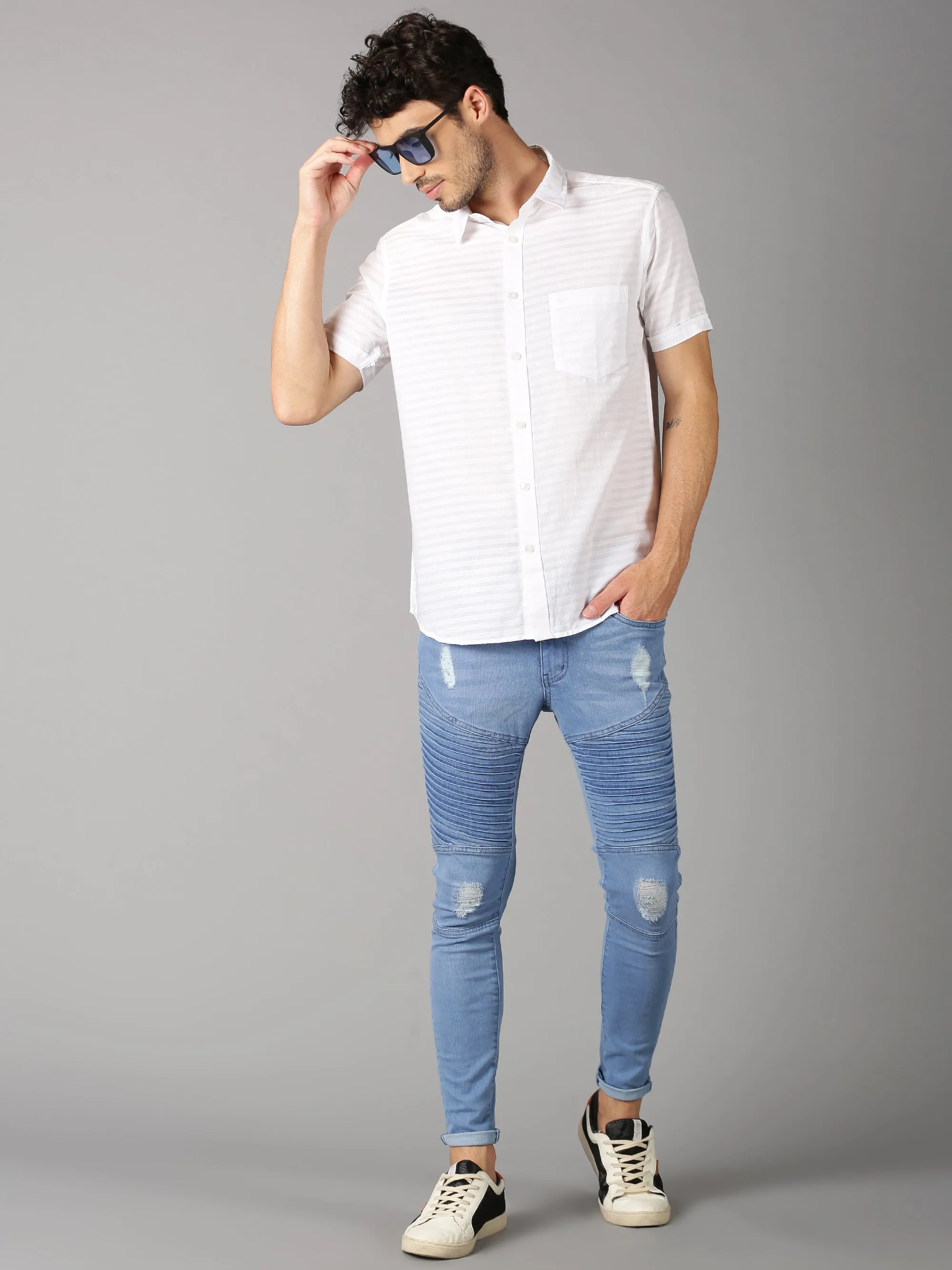 MEN'S WHITE DOBBY STRIPE SLIM FIT SHIRT