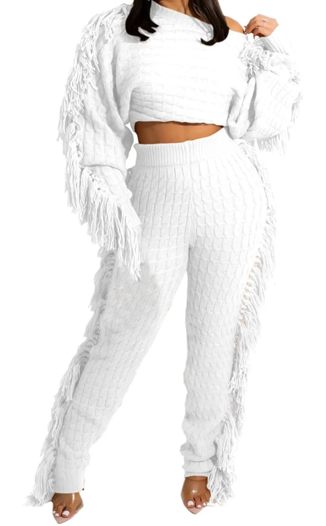 “Movement” Cable Knit Elegant Solid Tassel Two-piece Pants Set, Long Sleeve Crew Neck Sweater & Skinny Elastic Waist Pants Cozy, Soft, & Sexy Jogger Outfit, Women's Clothing