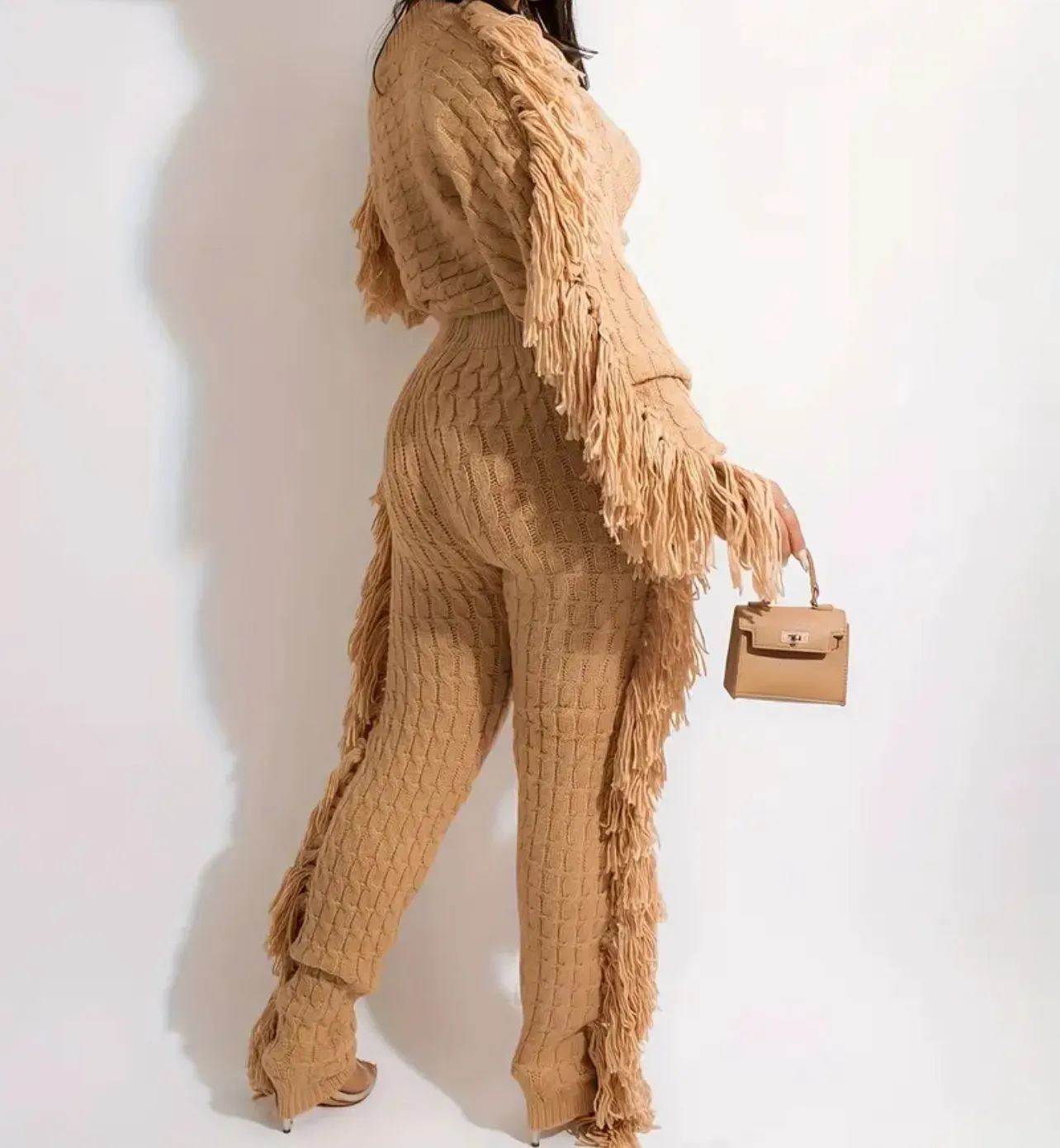 “Movement” Cable Knit Elegant Solid Tassel Two-piece Pants Set, Long Sleeve Crew Neck Sweater & Skinny Elastic Waist Pants Cozy, Soft, & Sexy Jogger Outfit, Women's Clothing