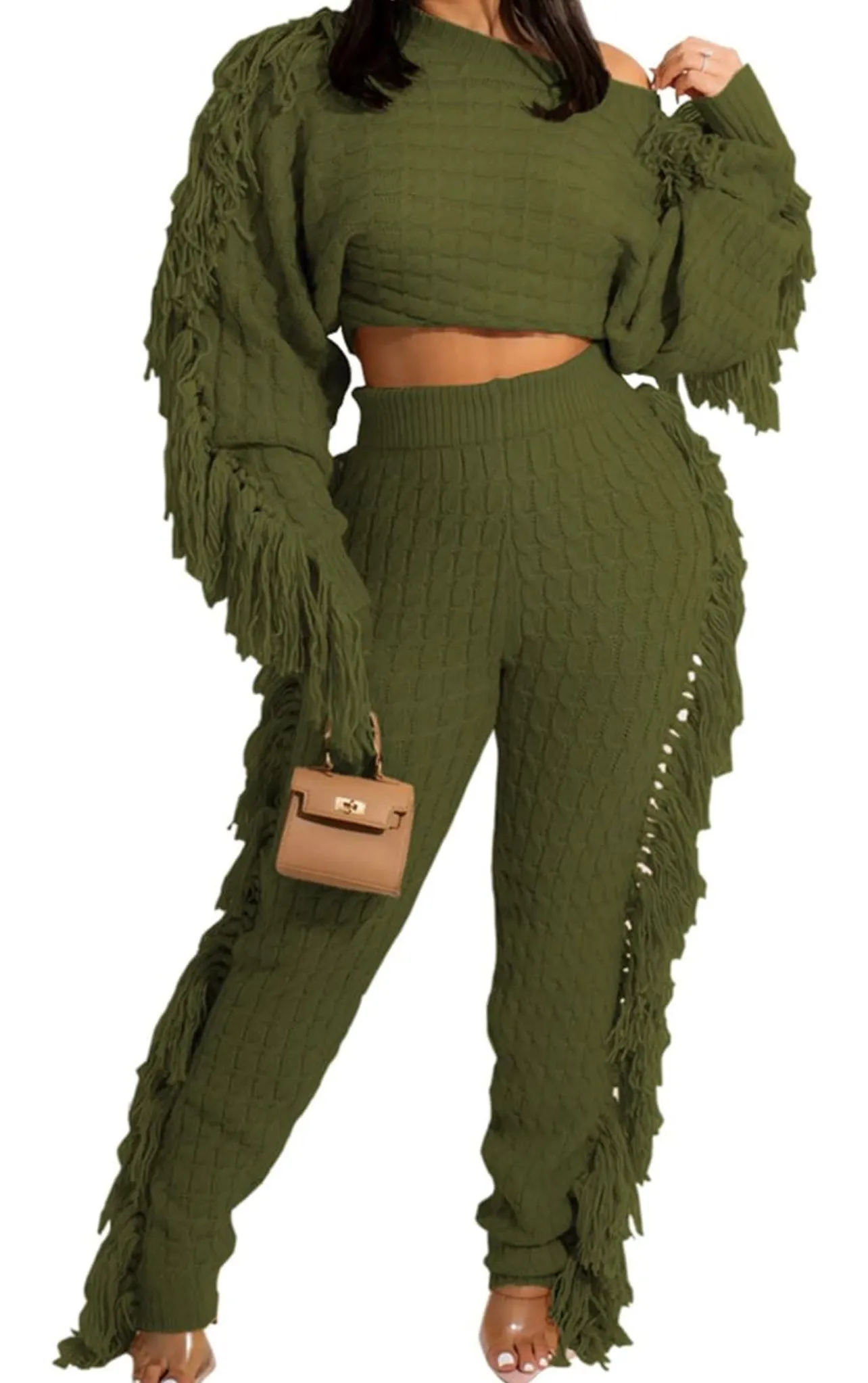 “Movement” Cable Knit Elegant Solid Tassel Two-piece Pants Set, Long Sleeve Crew Neck Sweater & Skinny Elastic Waist Pants Cozy, Soft, & Sexy Jogger Outfit, Women's Clothing