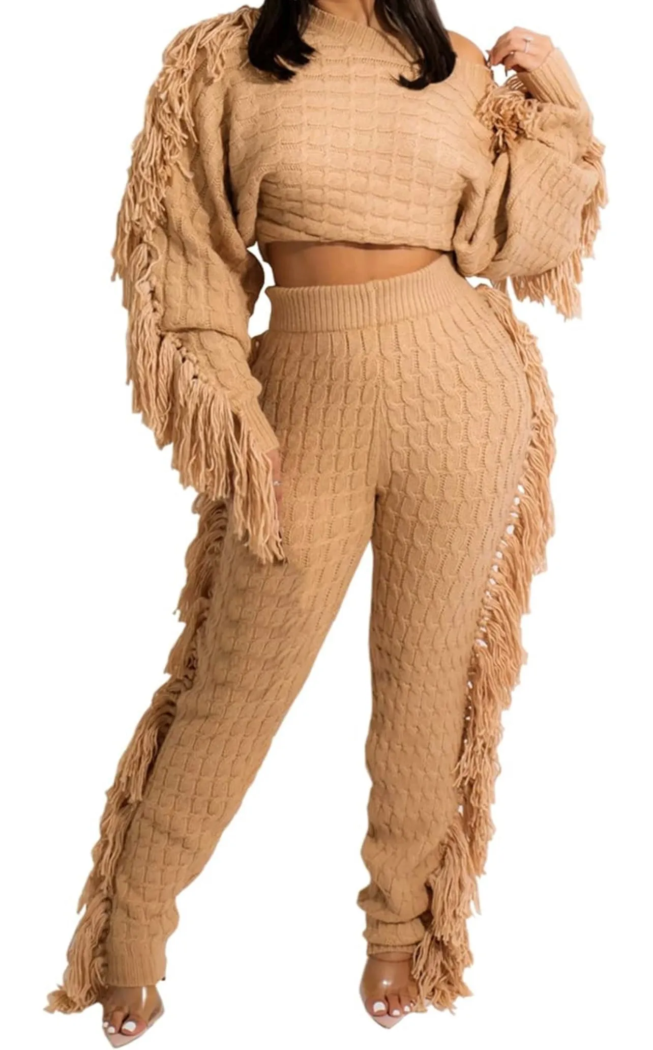 “Movement” Cable Knit Elegant Solid Tassel Two-piece Pants Set, Long Sleeve Crew Neck Sweater & Skinny Elastic Waist Pants Cozy, Soft, & Sexy Jogger Outfit, Women's Clothing