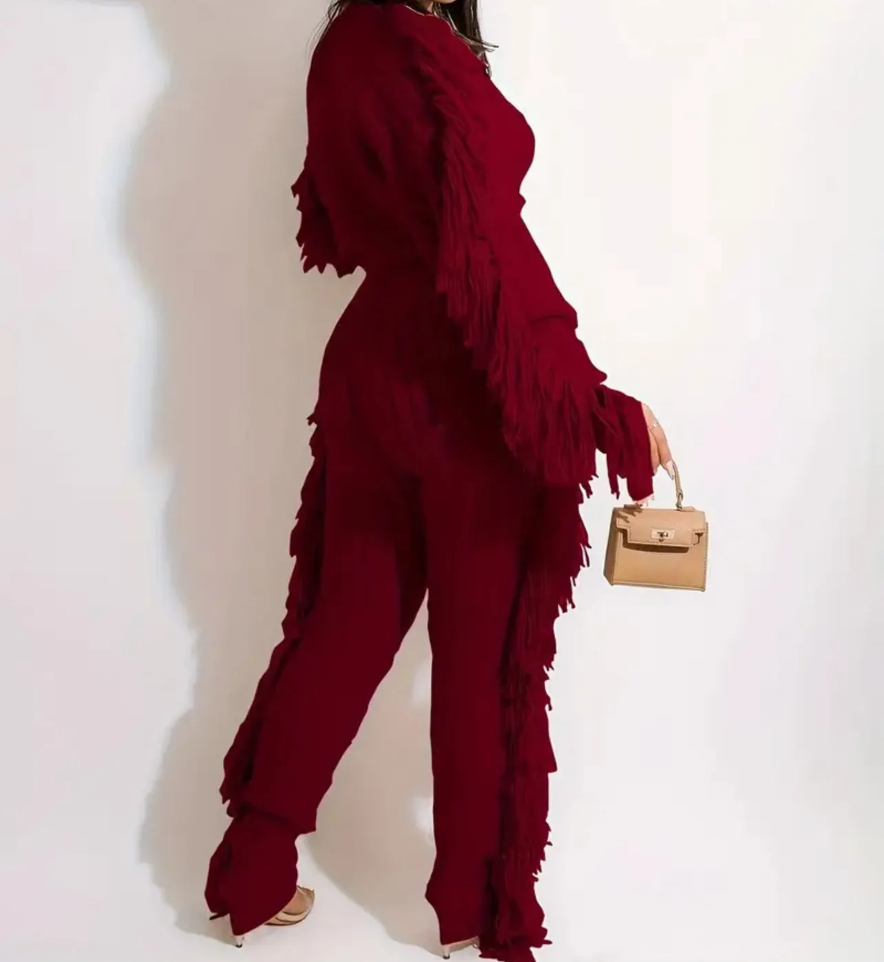 “Movement” Cable Knit Elegant Solid Tassel Two-piece Pants Set, Long Sleeve Crew Neck Sweater & Skinny Elastic Waist Pants Cozy, Soft, & Sexy Jogger Outfit, Women's Clothing