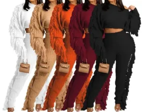 “Movement” Cable Knit Elegant Solid Tassel Two-piece Pants Set, Long Sleeve Crew Neck Sweater & Skinny Elastic Waist Pants Cozy, Soft, & Sexy Jogger Outfit, Women's Clothing