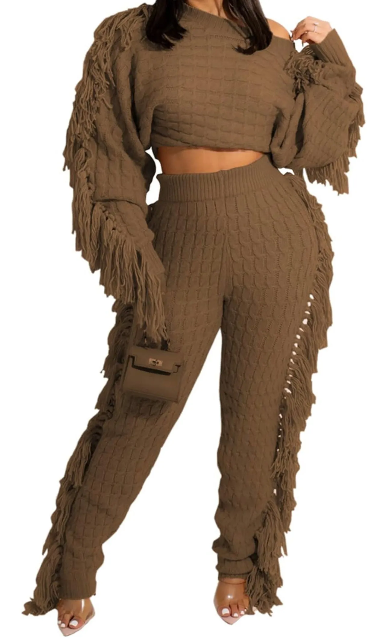 “Movement” Cable Knit Elegant Solid Tassel Two-piece Pants Set, Long Sleeve Crew Neck Sweater & Skinny Elastic Waist Pants Cozy, Soft, & Sexy Jogger Outfit, Women's Clothing