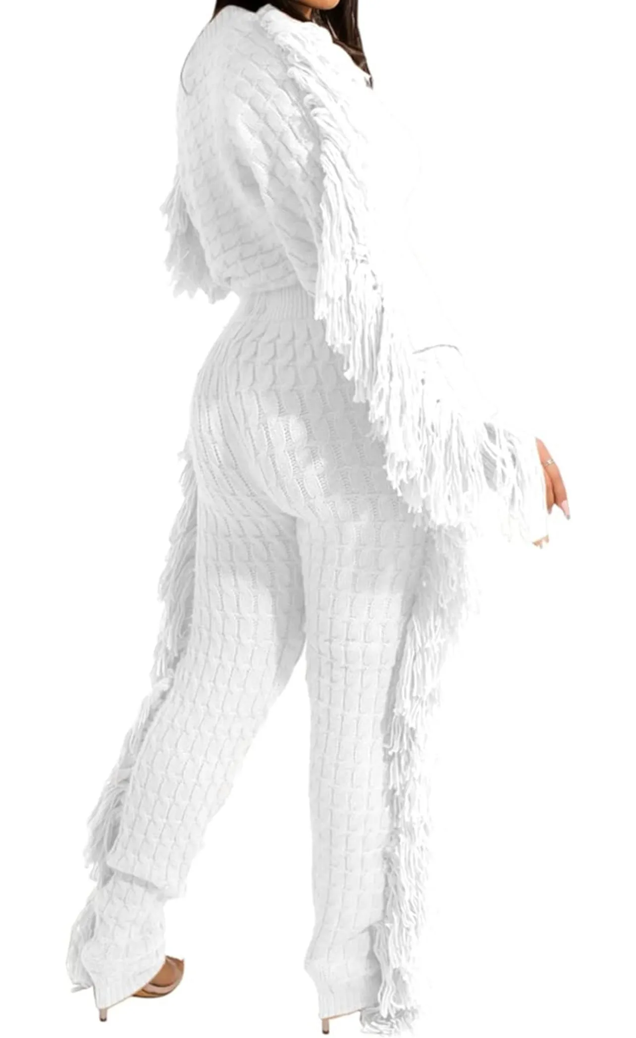 “Movement” Cable Knit Elegant Solid Tassel Two-piece Pants Set, Long Sleeve Crew Neck Sweater & Skinny Elastic Waist Pants Cozy, Soft, & Sexy Jogger Outfit, Women's Clothing