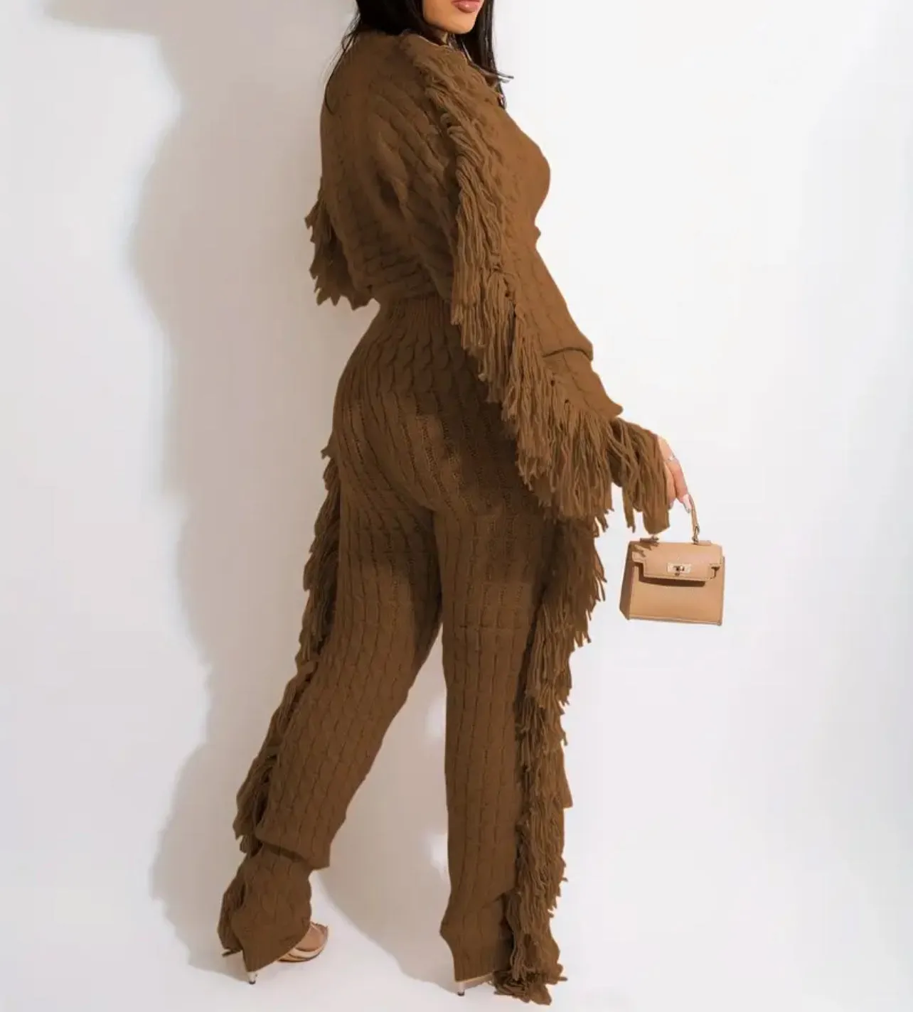 “Movement” Cable Knit Elegant Solid Tassel Two-piece Pants Set, Long Sleeve Crew Neck Sweater & Skinny Elastic Waist Pants Cozy, Soft, & Sexy Jogger Outfit, Women's Clothing