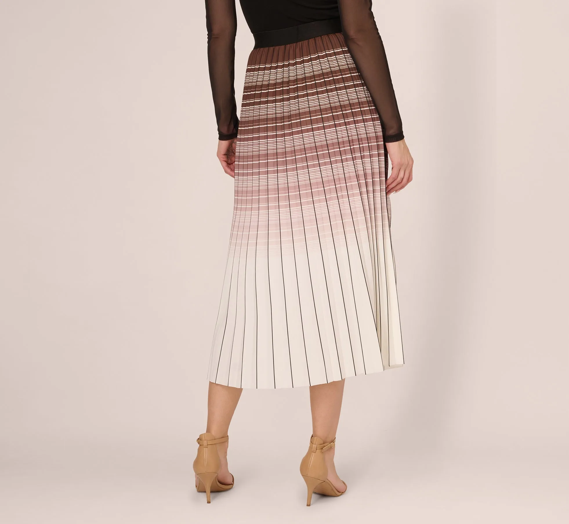 Multicolor Stripe Print Pleated Midi Skirt In Mocha Ivory Chevron Stripe