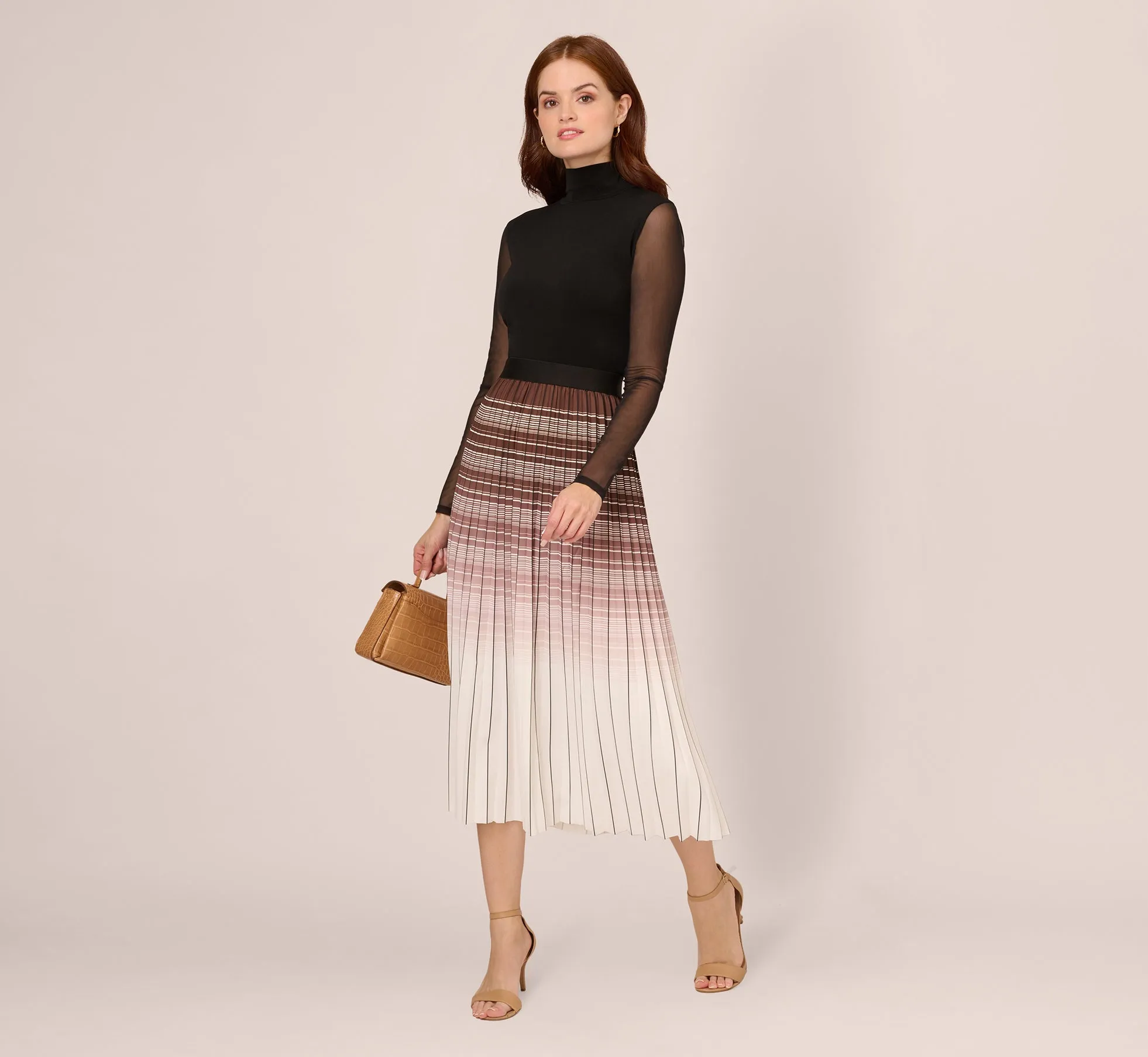 Multicolor Stripe Print Pleated Midi Skirt In Mocha Ivory Chevron Stripe