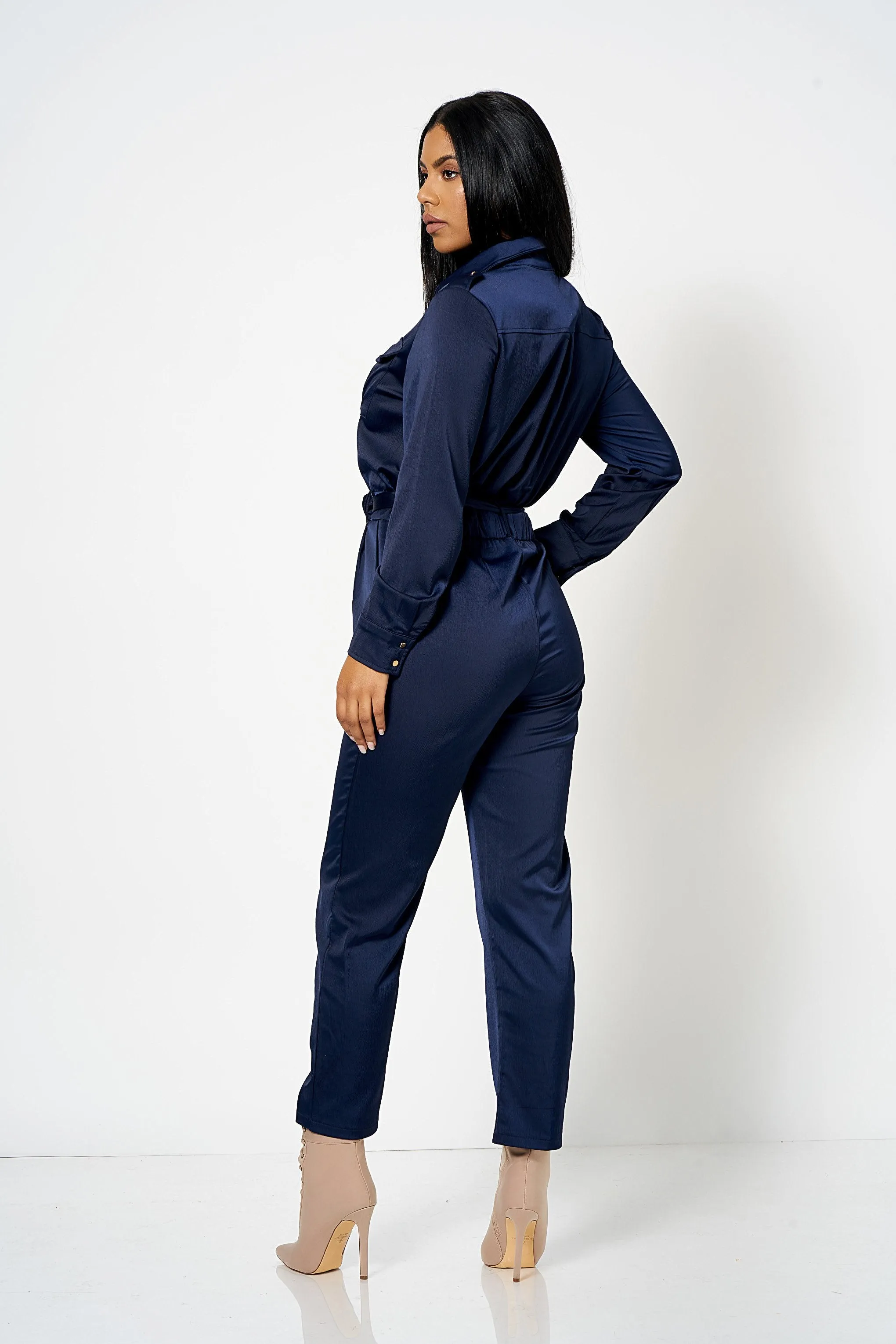 Navy Utility Satin Jumpsuit