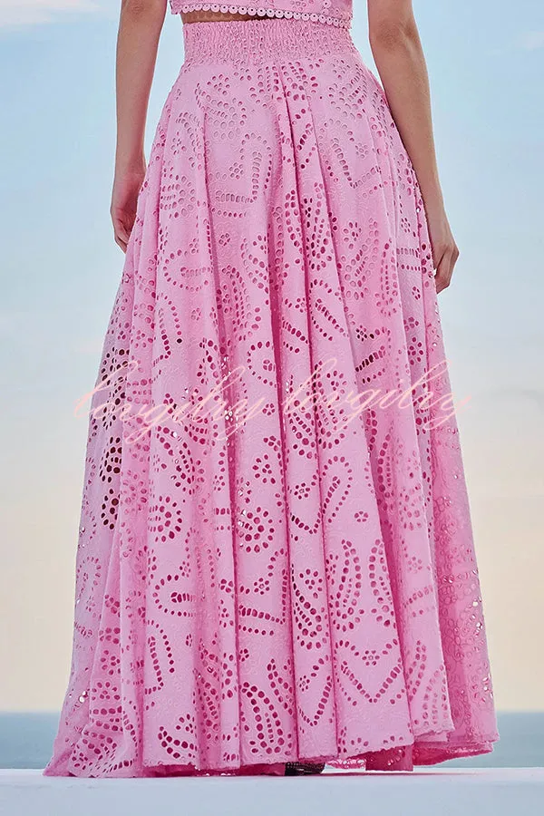 Paris Dreaming Embroidered Lace High Rise Elastic Waist Pocket Maxi Skirt