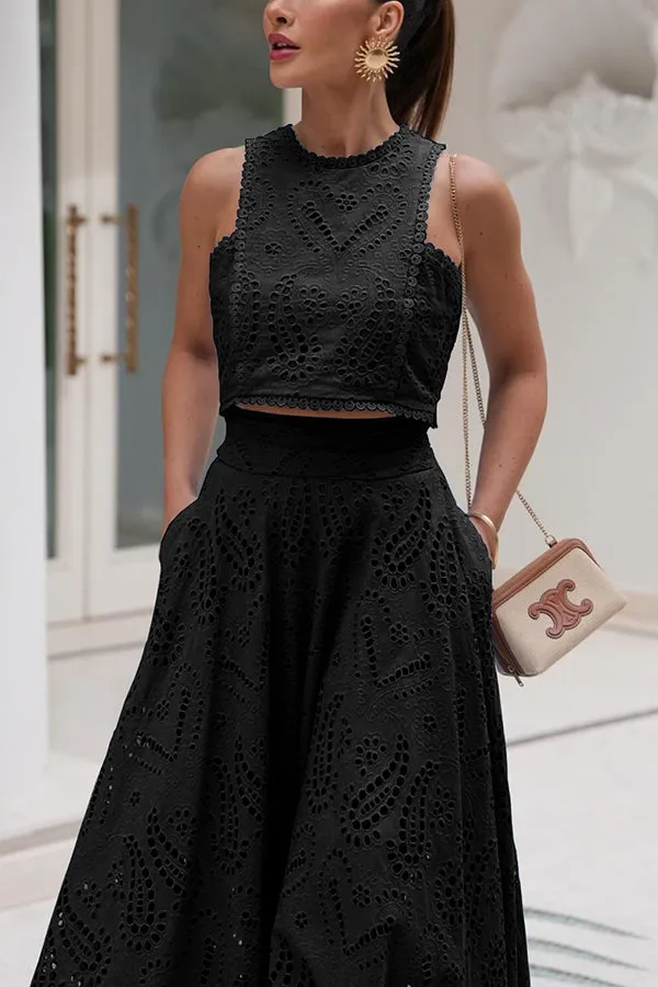 Paris Dreaming Embroidered Lace High Rise Elastic Waist Pocket Maxi Skirt