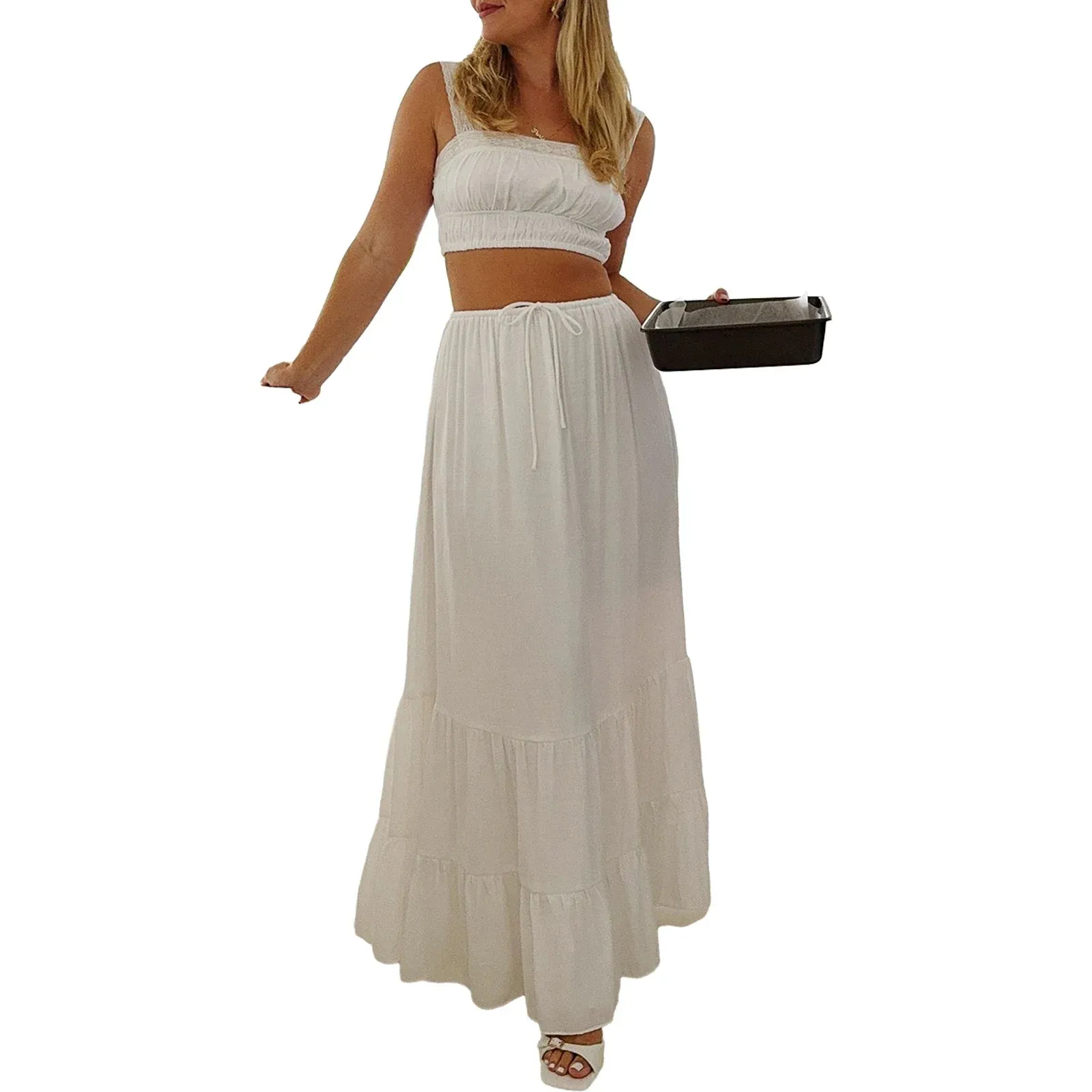Patchwork Crop Tank Tops High Waist Tie-Up Long A-Line Skirt Set Streetwear Casual Lace Dress
