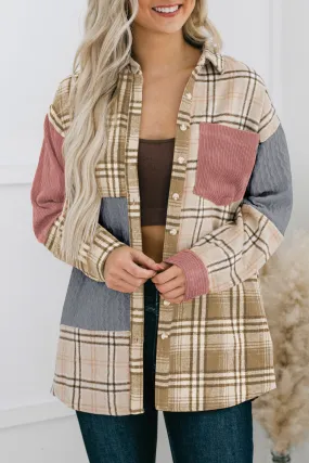 Pink Plaid Colour Block Patchwork Shirt Jacket with Pocket