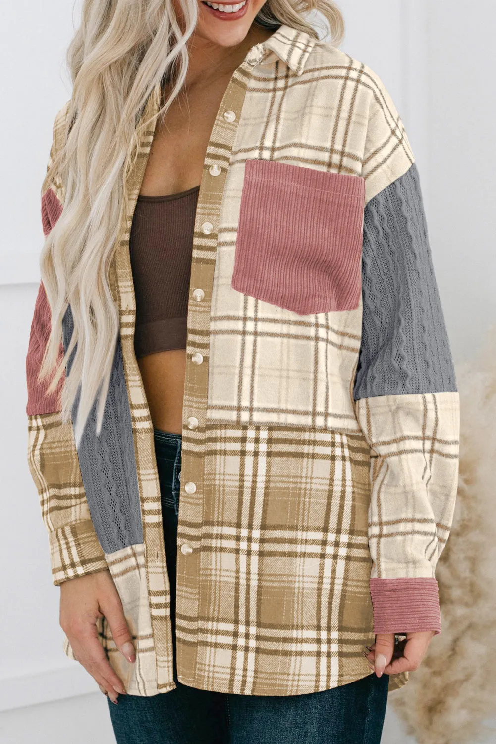Pink Plaid Colour Block Patchwork Shirt Jacket with Pocket
