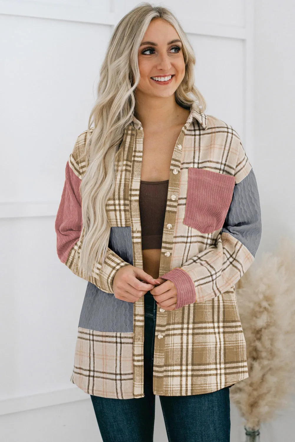 Pink Plaid Colour Block Patchwork Shirt Jacket with Pocket