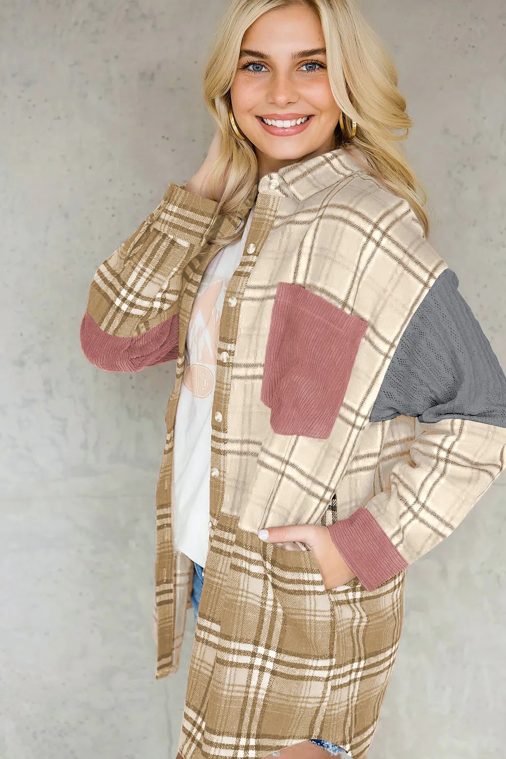 Pink Plaid Colour Block Patchwork Shirt Jacket with Pocket