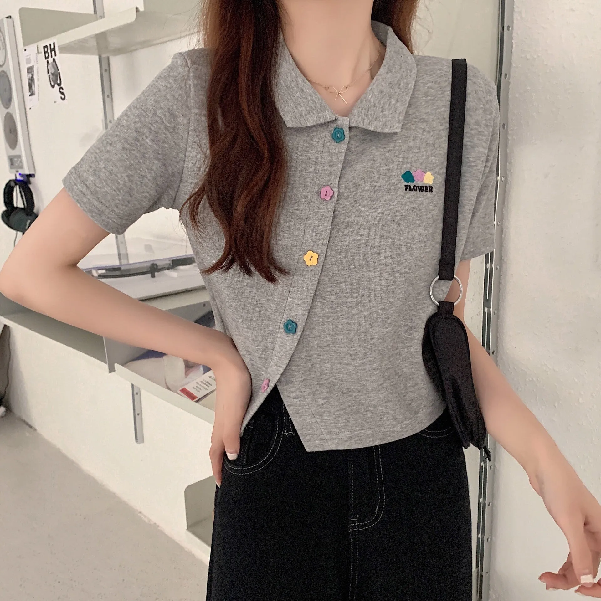 Plus size non traditional placket floral buttons embroidery applique lapel collar summer jacket cropped polo shirt