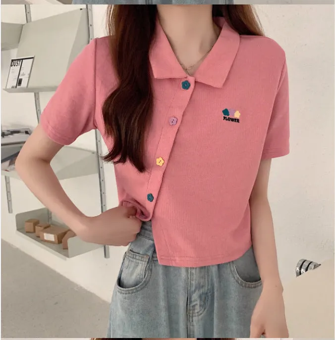 Plus size non traditional placket floral buttons embroidery applique lapel collar summer jacket cropped polo shirt