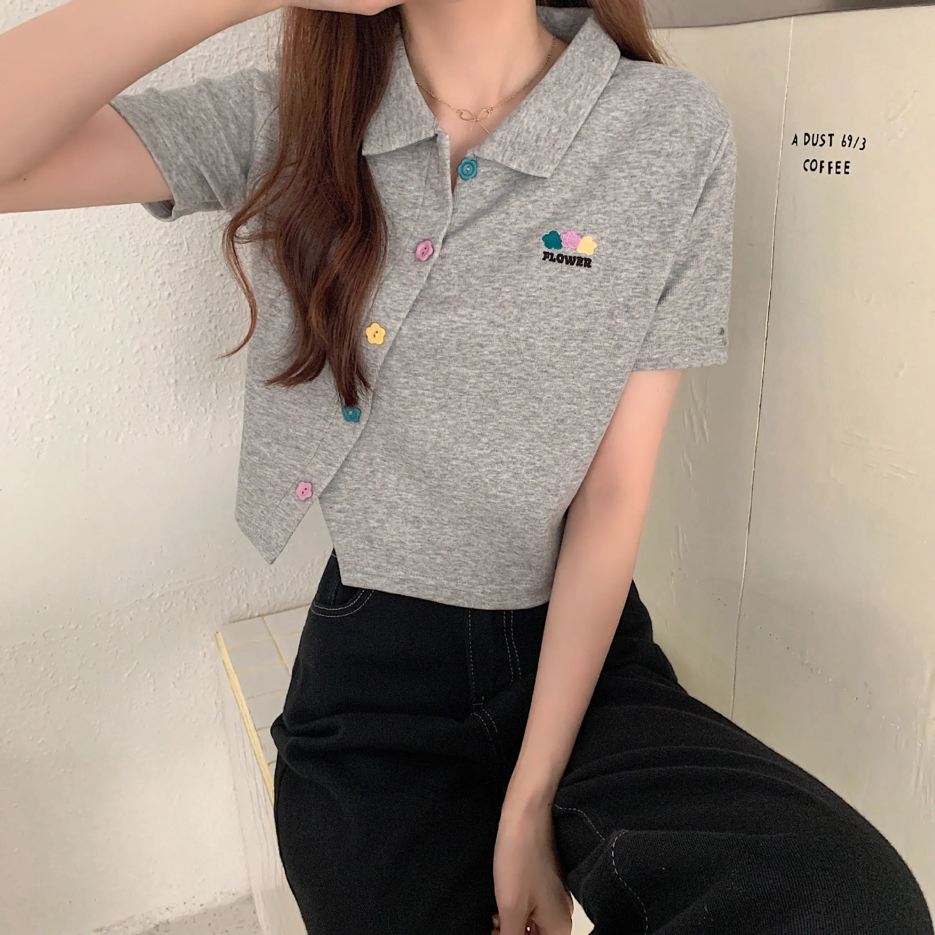 Plus size non traditional placket floral buttons embroidery applique lapel collar summer jacket cropped polo shirt