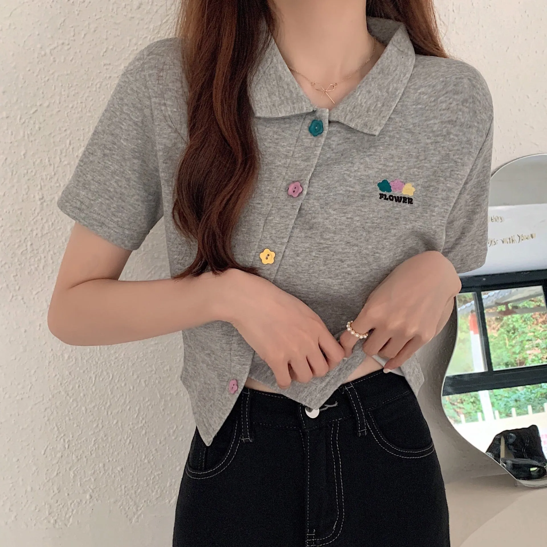 Plus size non traditional placket floral buttons embroidery applique lapel collar summer jacket cropped polo shirt