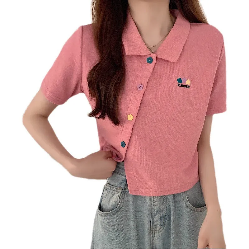 Plus size non traditional placket floral buttons embroidery applique lapel collar summer jacket cropped polo shirt