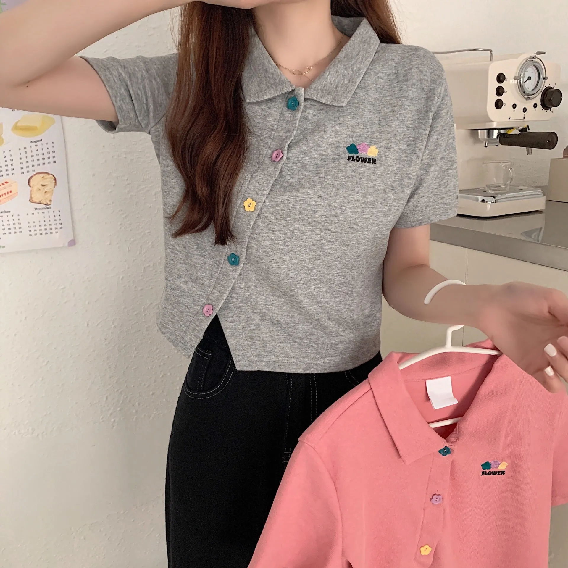 Plus size non traditional placket floral buttons embroidery applique lapel collar summer jacket cropped polo shirt