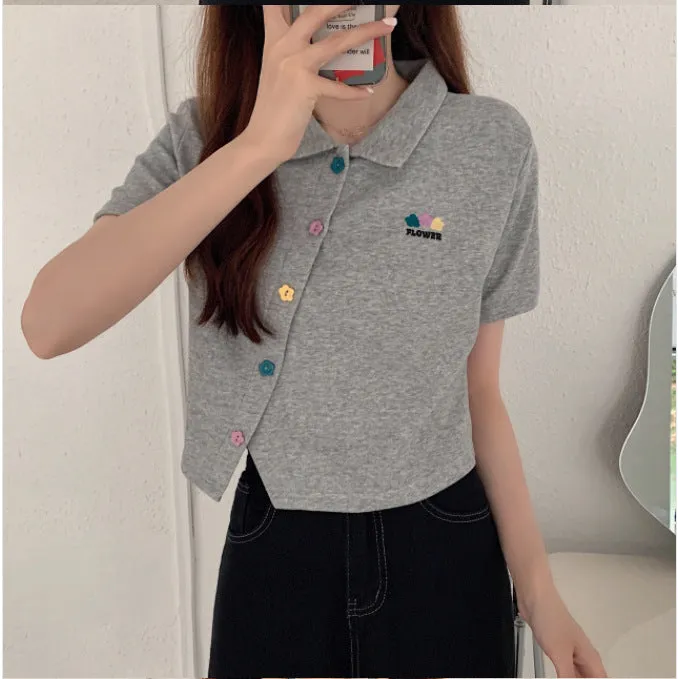 Plus size non traditional placket floral buttons embroidery applique lapel collar summer jacket cropped polo shirt
