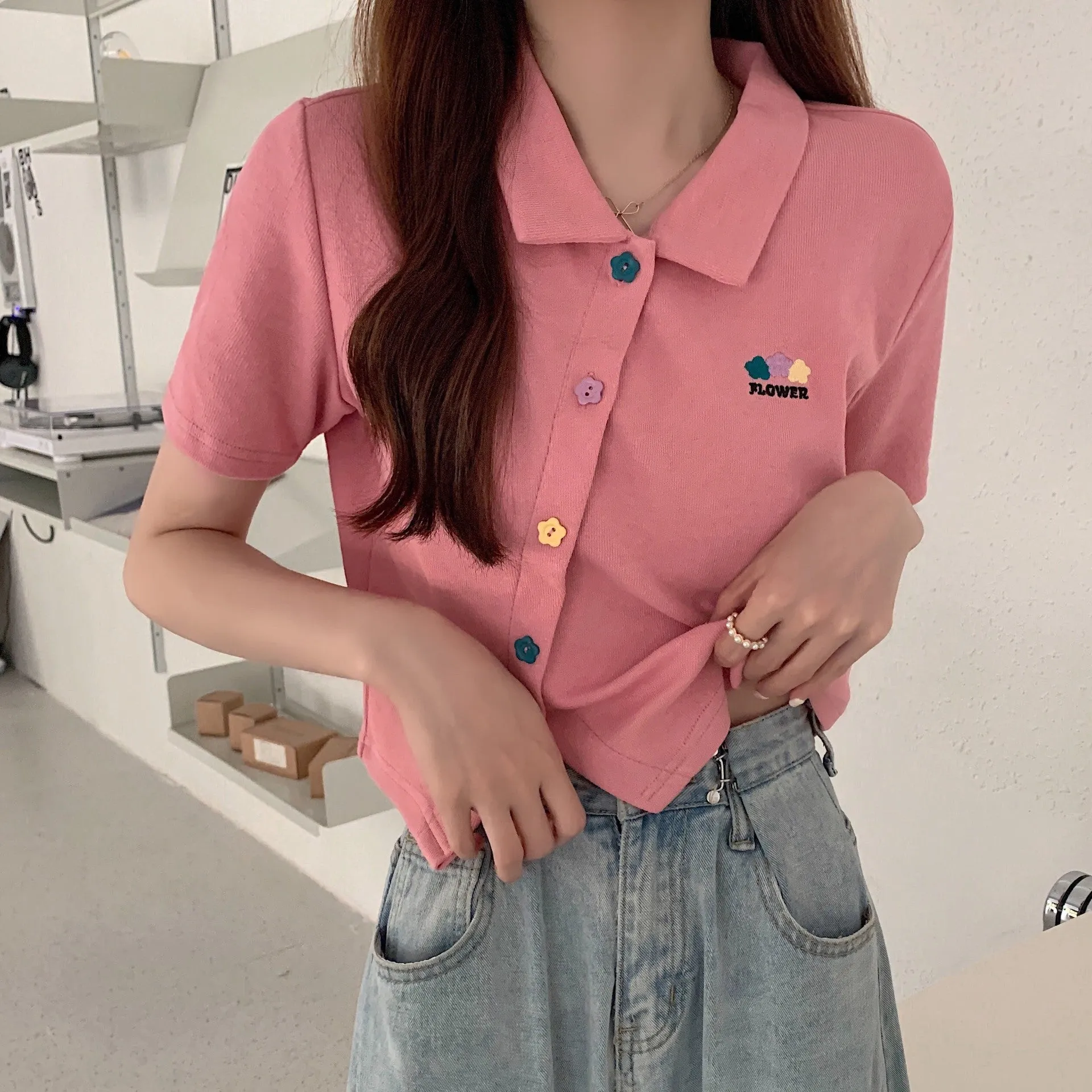 Plus size non traditional placket floral buttons embroidery applique lapel collar summer jacket cropped polo shirt