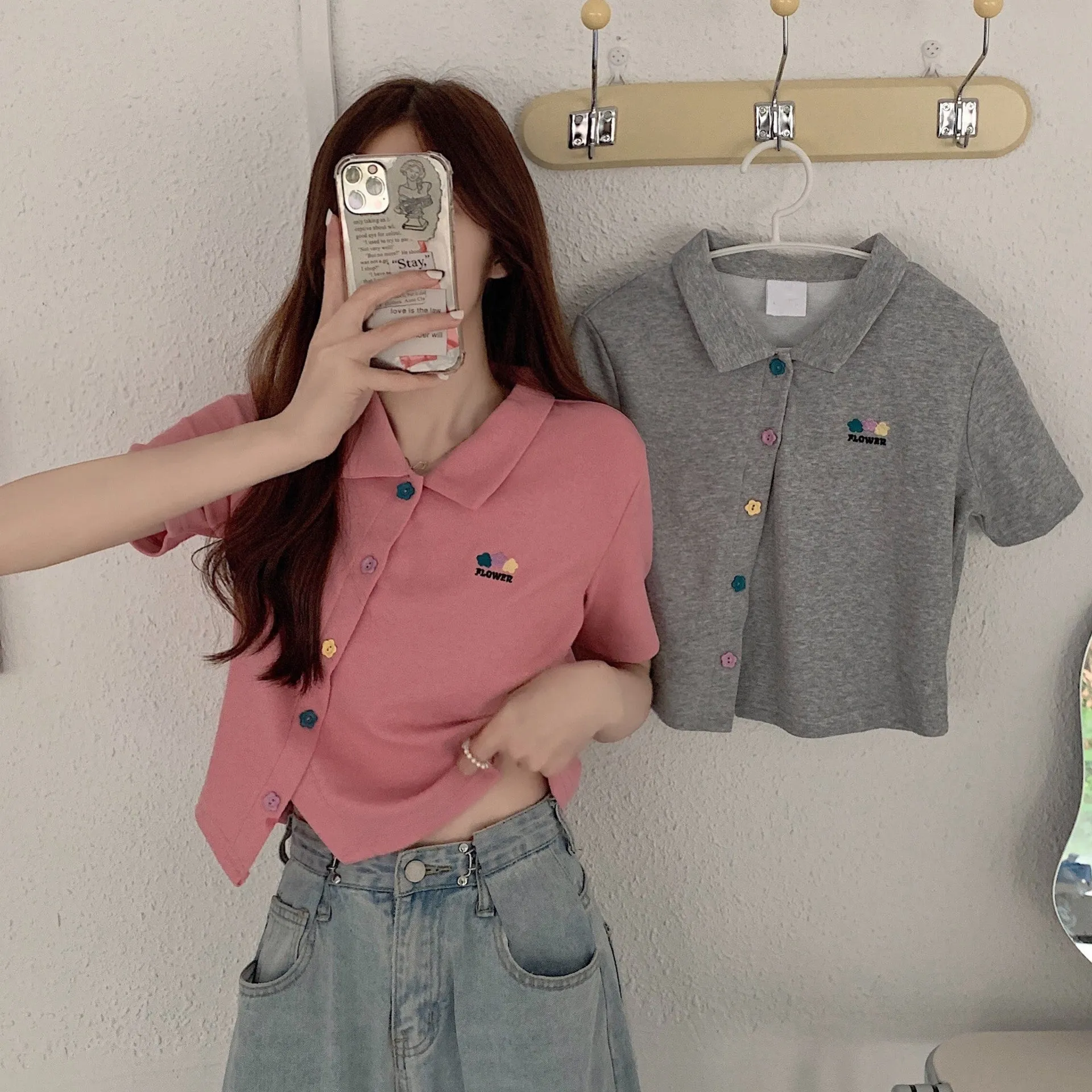 Plus size non traditional placket floral buttons embroidery applique lapel collar summer jacket cropped polo shirt