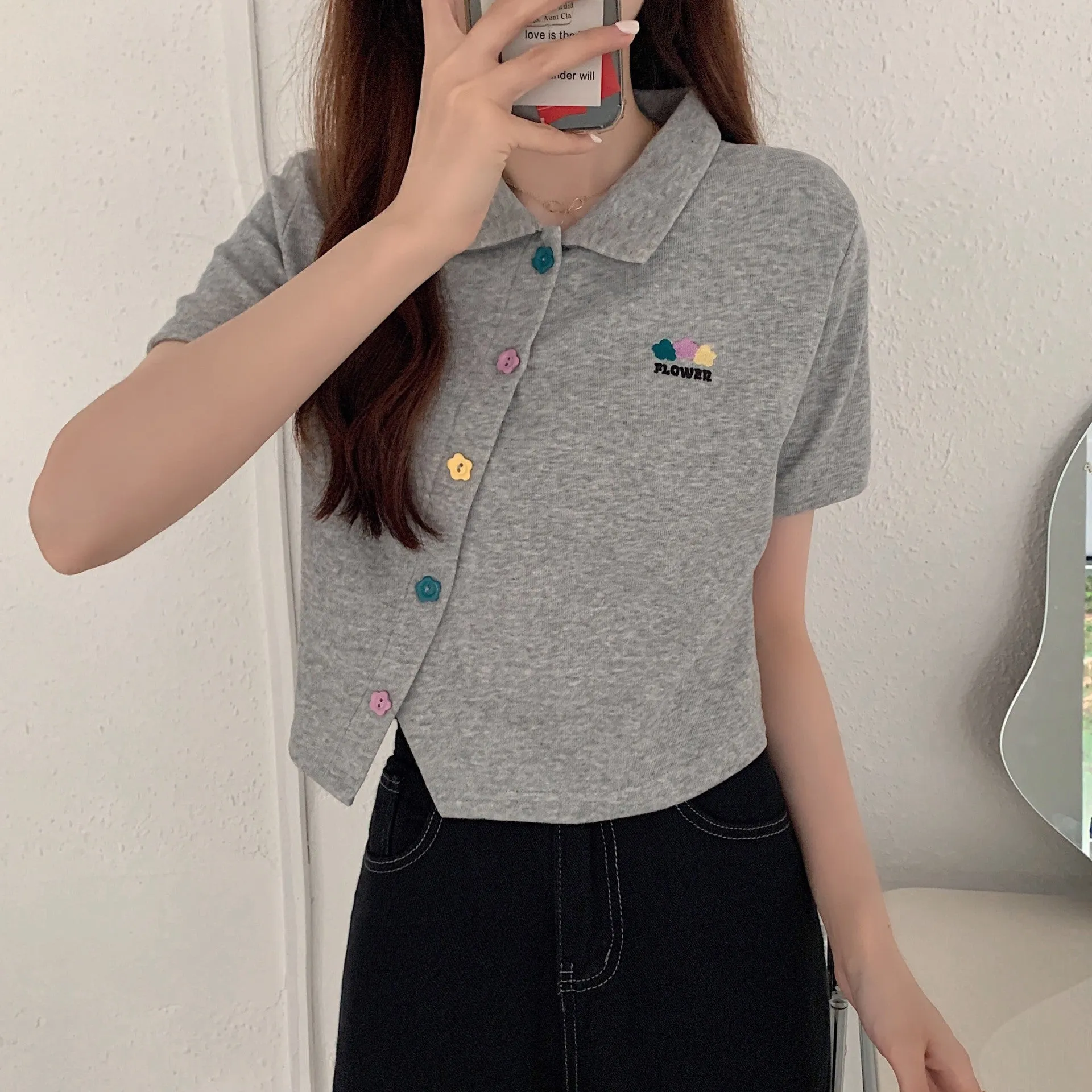 Plus size non traditional placket floral buttons embroidery applique lapel collar summer jacket cropped polo shirt