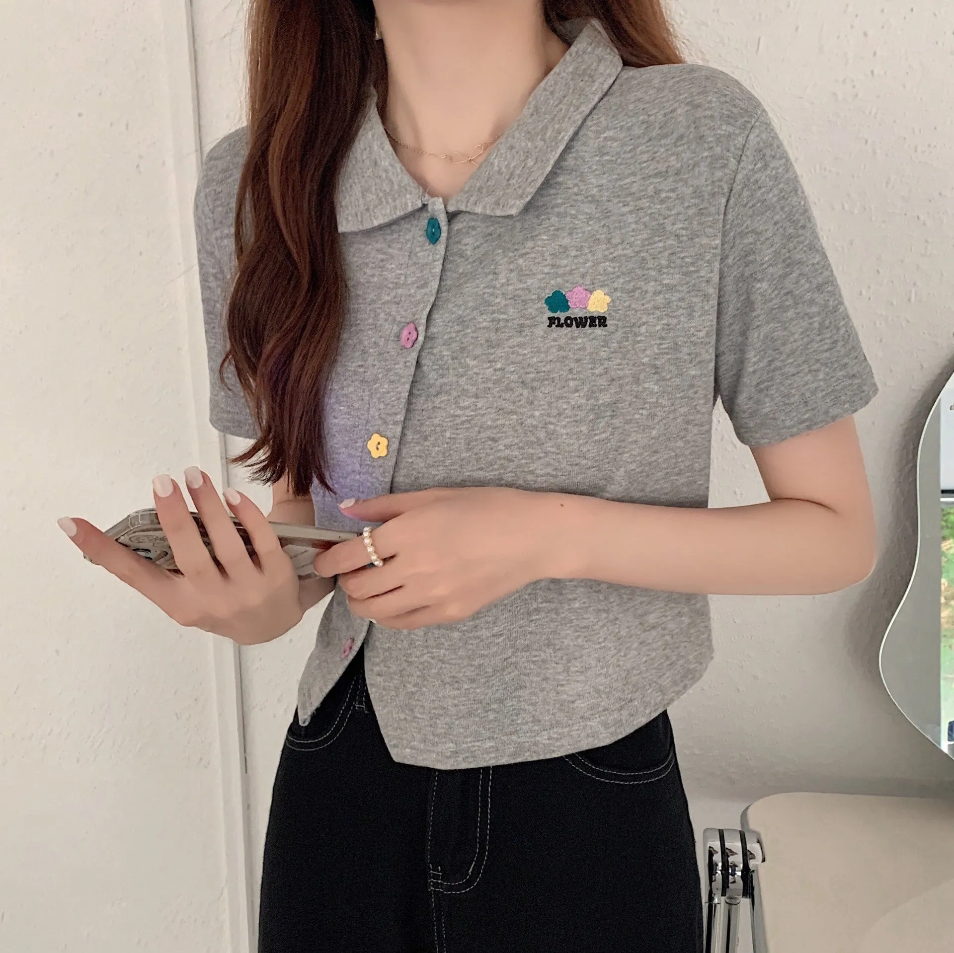 Plus size non traditional placket floral buttons embroidery applique lapel collar summer jacket cropped polo shirt
