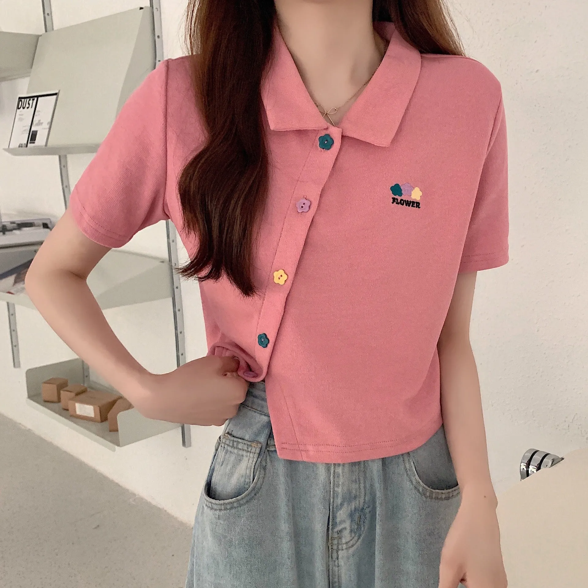 Plus size non traditional placket floral buttons embroidery applique lapel collar summer jacket cropped polo shirt