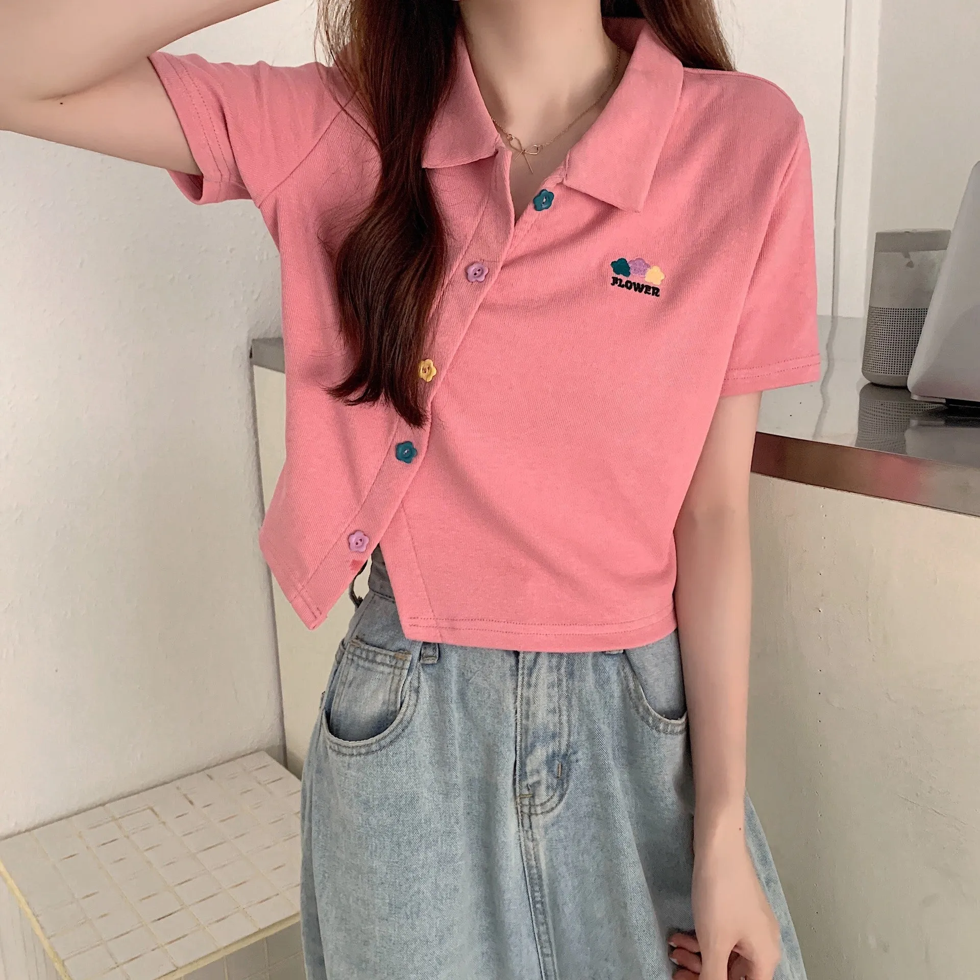 Plus size non traditional placket floral buttons embroidery applique lapel collar summer jacket cropped polo shirt