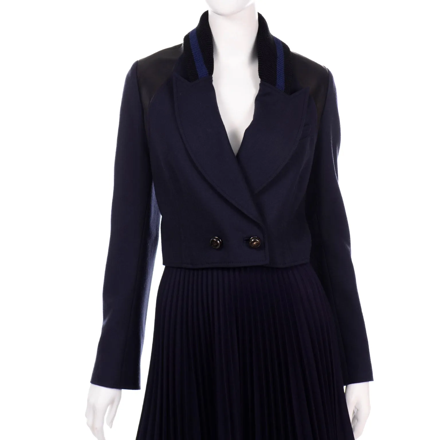 Proenza Schouler Navy Blue 2 Pc Pleated Skirt & Ribbed Jacket Suit